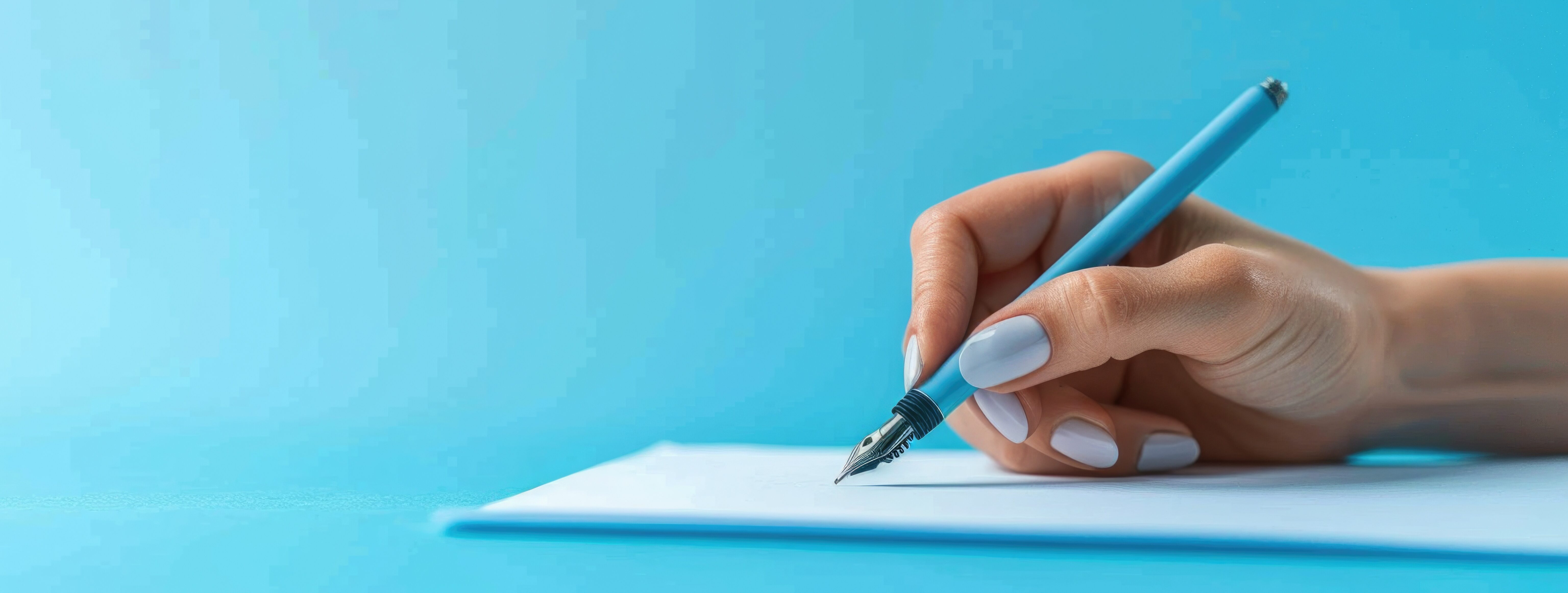 womans-hand-writing-with-fountain-pen-blue-background